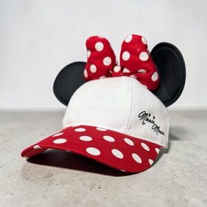 Disney Minnie Mouse Red White Polka Dot Bow Ear Adult Baseball Cap.  NWT